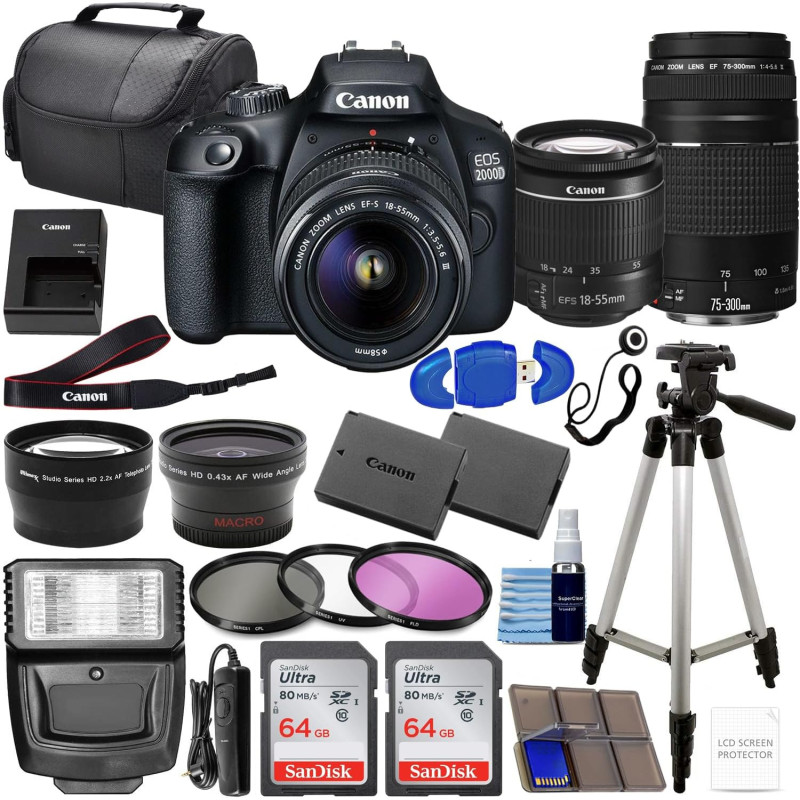 Canon EOS 2000D DSLR Camera w/Canon EF-S 18-55mm F/3.5-5.6 Zoom Lens + 75-300mm III Lens 4 Lens Kit with 2X 64GB Memory Cards