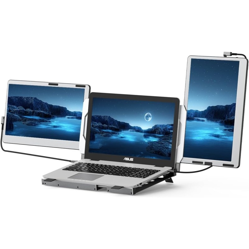 Triple Portable Monitor, For Laptops, 14" Screen, 1080P, Aluminum Stand, Triple Portable Monitor, 360° Rotation