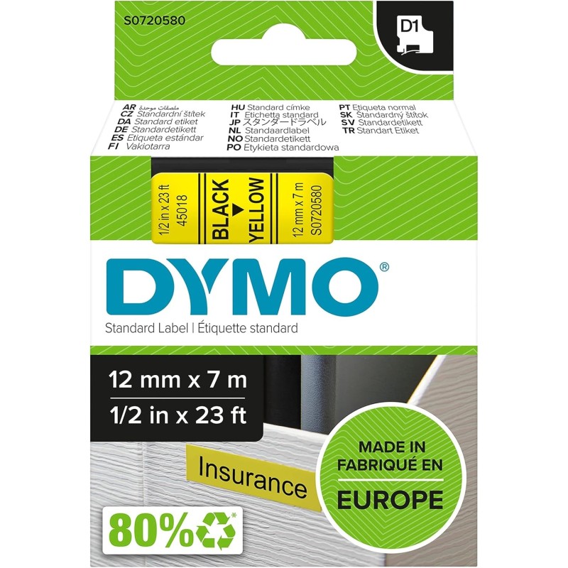 DYMO D1 Authentic Labels | Black Print on Yellow Background | 12mm × 7m