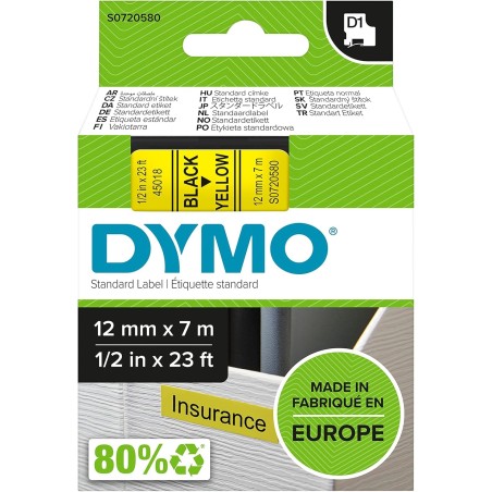 DYMO D1 Authentic Labels | Black Print on Yellow Background | 12mm × 7m